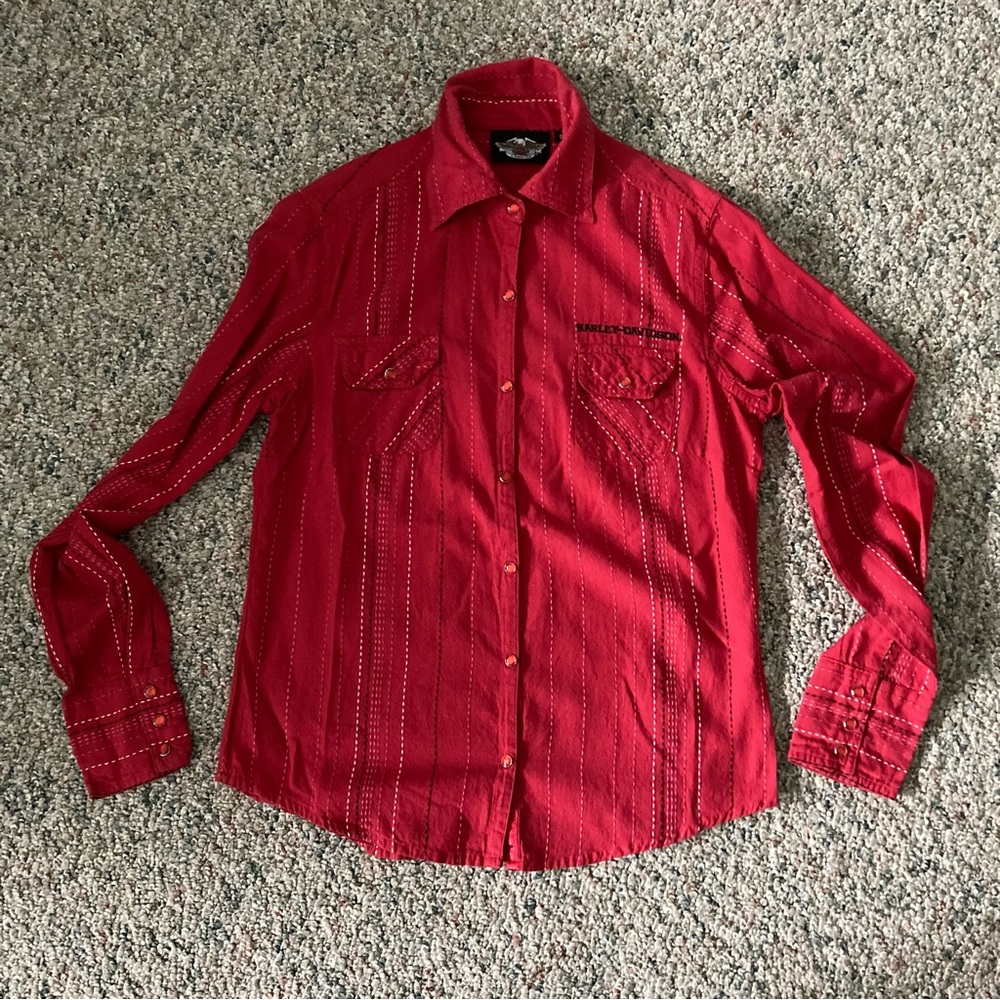 HARLEY DAVIDSON Women’s Long Sleeve Western Blouse Shirt Red Pearl Snaps Size S